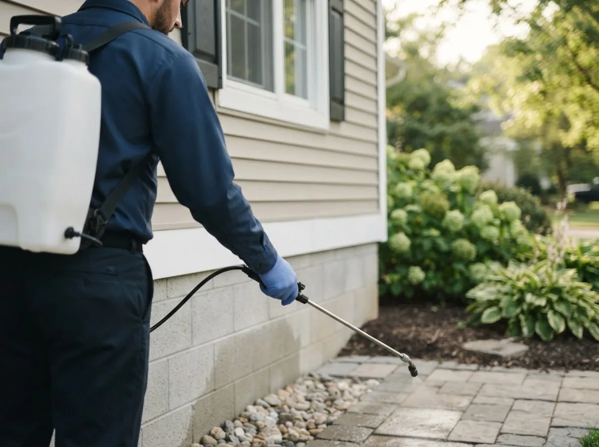 Pest control technician inspecting a home in Oconto, NE